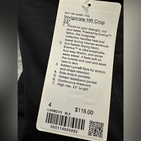 Lululemon Invigorate High Rise NWT Crop 23” size 4 black color - Picture 7 of 7